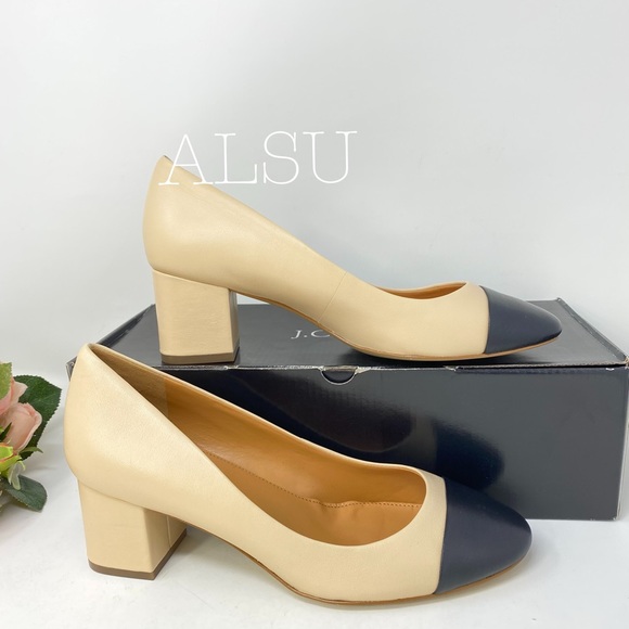 J.Crew Bryan Leather Cap-Toe Block Heels Beige - Picture 2 of 8